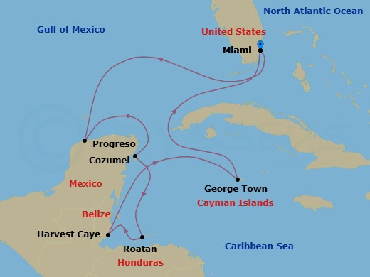 Route map: Miami → Progreso → Cozumel → Roatan → Harvest Caye → George Town → Miami
