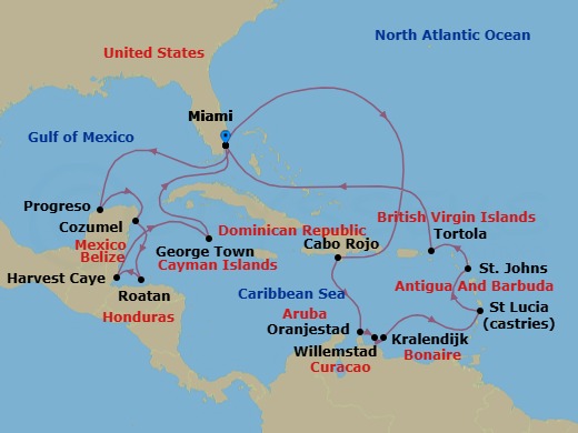 Route map: Miami → Progreso → Cozumel → Roatan → Harvest Caye → George Town → Miami → Cabo Rojo → Oranjestad → Willemstad