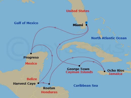 Route map: Miami → Progreso → Harvest Caye → Roatan → Ocho Rios → George Town → Miami