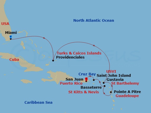 Route map: Miami → Providenciales → Gustavia → Pointe-A-Pitre → Basseterre → Saint John/Cruz Bay → San Juan