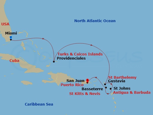 Route map: Miami → Providenciales → Gustavia → St. John's (Antigua) → Basseterre → San Juan