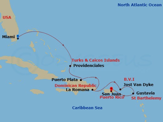 Route map: Miami → Providenciales → Puerto Plata, Dominican Republic → La Romana → Jost Van Dyke → Gustavia → San Juan