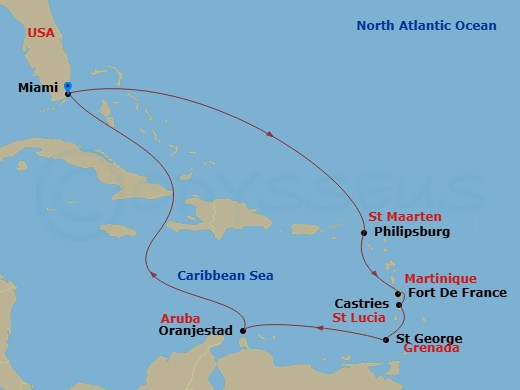 Route map: Miami → Philipsburg → Fort-De-France → Castries → St. George's → Oranjestad → Miami