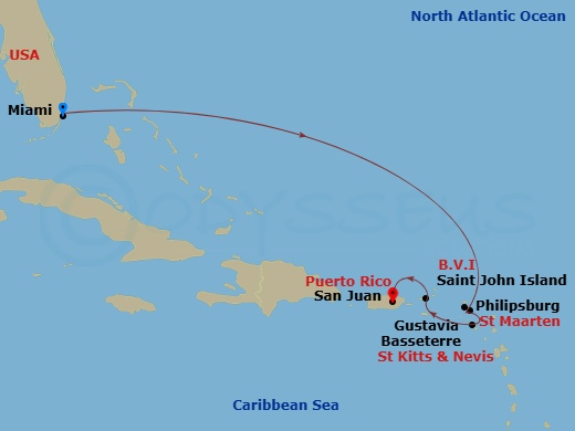 Route map: Miami → St. Maarten/Philipsburg → Gustavia → Basseterre → Saint John/Cruz Bay → San Juan