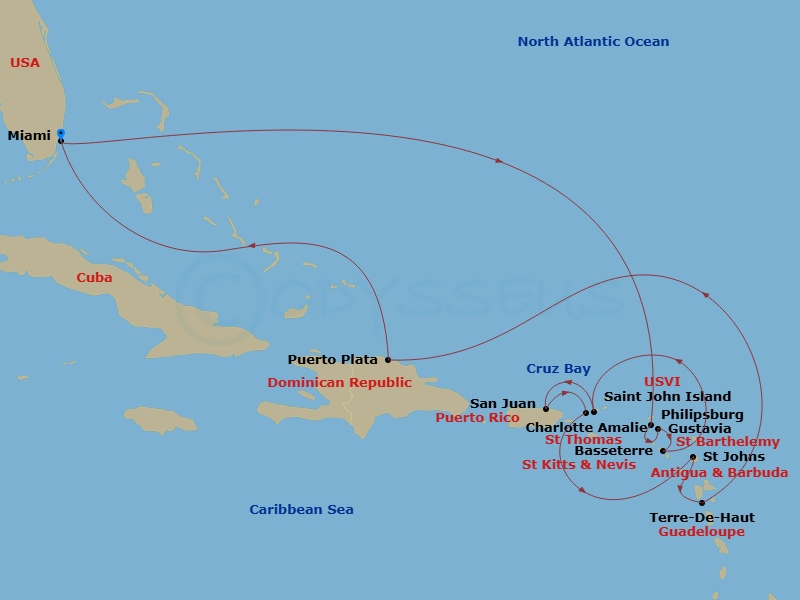 Route map: Miami → St. Maarten/Philipsburg → Gustavia → Basseterre → Saint John/Cruz Bay → San Juan → Charlotte Amalie (Saint Thomas) → St. John's (Antigua) → Terre-De-Haut → Puerto Plata, Dominican Republic