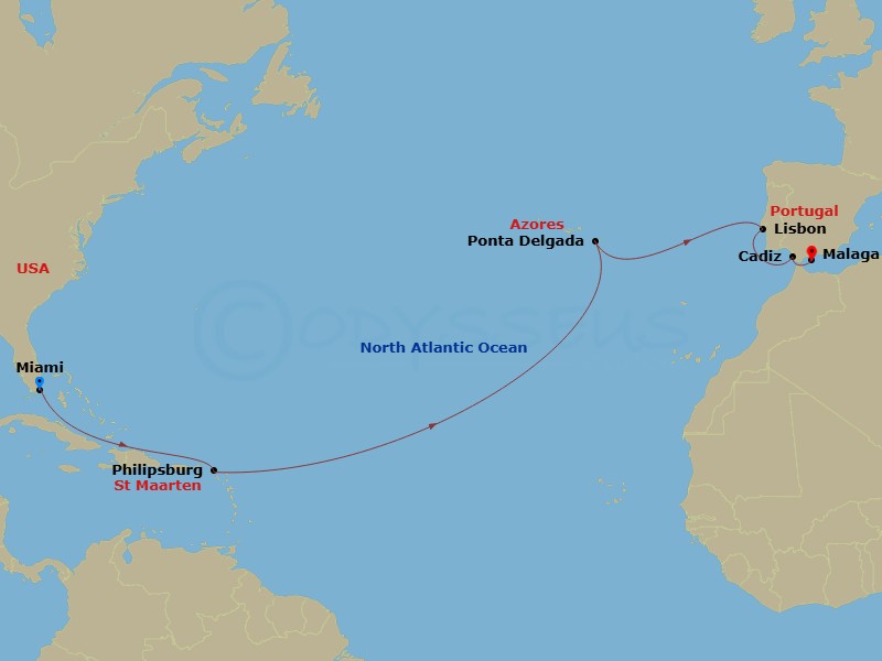 Route map: Miami Florida → Philipsburg St. Maarten → Ponta Delgada (Azores) Portugal → Lisbon (Cascais) Portugal → Cadiz (Seville) Spain → Malaga (Granada) Spain