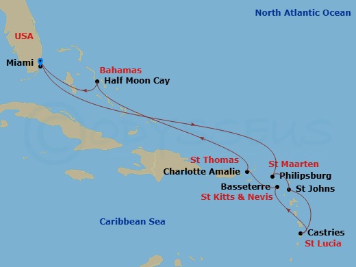 Route map: Miami, Florida, US → Philipsburg, Sint Maarten → St. Johns, Antigua and Barbuda → Castries, Saint Lucia → Basseterre, St Kitts and Nevis → St. Thomas, U.S.V.I. → RelaxAway Half Moon Cay, Bahamas → Miami, Florida, US