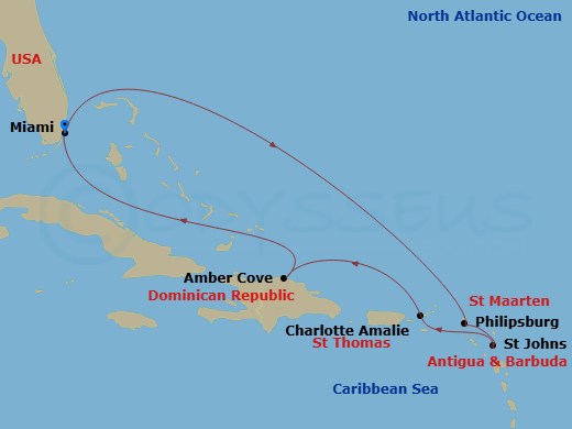 Route map: Miami Florida → Philipsburg St. Maarten → St. John's Antigua and Barbuda → Charlotte Amalie (St. Thomas) Virgin Islands → Amber Cove Dominican Republic → Miami Florida