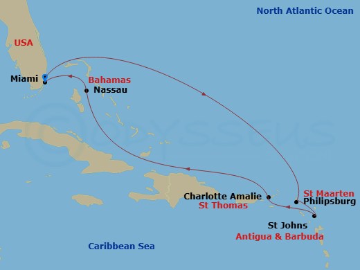 Route map: Miami Florida → Philipsburg St. Maarten → St. John's Antigua and Barbuda → Charlotte Amalie (St. Thomas) Virgin Islands → Nassau Bahamas → Miami Florida