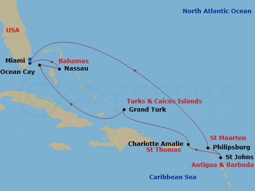 Route map: Miami Florida → Philipsburg St. Maarten → St. John's Antigua and Barbuda → Charlotte Amalie (St. Thomas) Virgin Islands → Nassau Bahamas → Miami Florida → Grand Turk Island Turks and Caicos → Ocean Cay MSC Marine Reserve Bahamas → Nassau Bahamas → Miami Florida