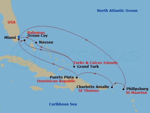 Route map: Miami Florida → Philipsburg St. Maarten → Charlotte Amalie (St. Thomas) Virgin Islands → Puerto Plata Dominican Republic → Miami Florida → Ocean Cay MSC Marine Reserve Bahamas → Grand Turk Island Turks and Caicos → Nassau Bahamas → Miami Florida