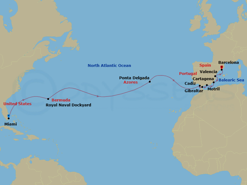 Route map: Miami → Royal Naval Dockyard → Ponta Delgada (Azores) → Seville (Cadiz) → Gibraltar → Granada (Motril) → Cartagena → Valencia → Barcelona