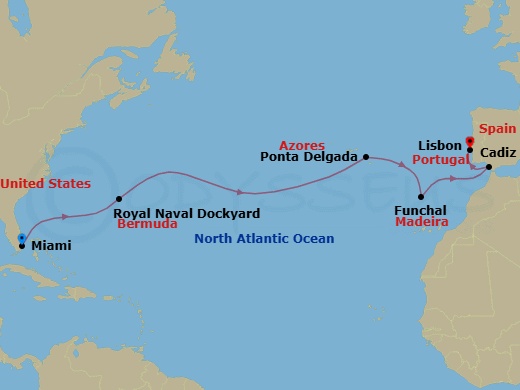 Route map: Miami → Royal Naval Dockyard → Ponta Delgada (Azores) → Funchal (Madeira) → Cadiz → Lisbon
