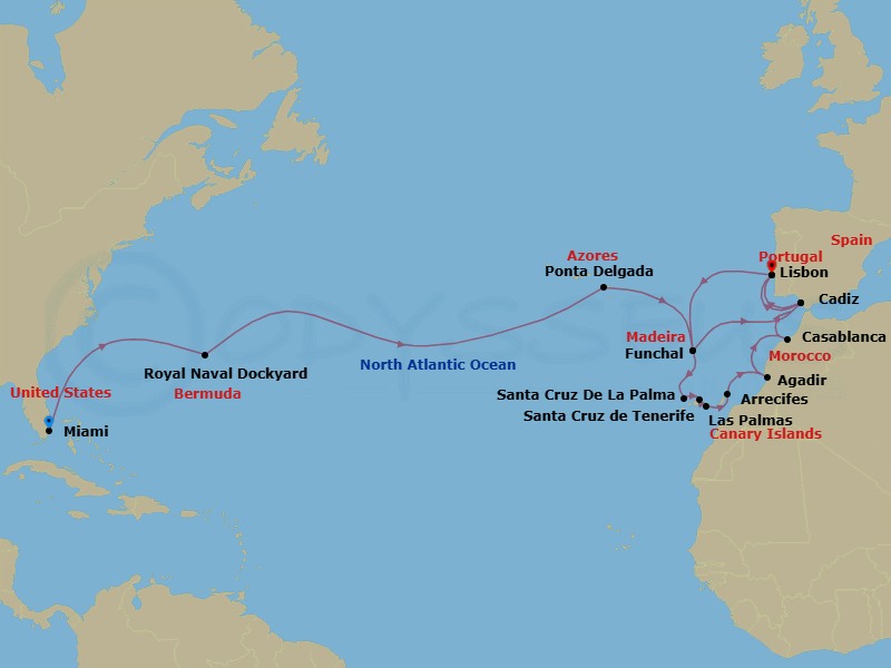 Route map: Miami → Royal Naval Dockyard → Ponta Delgada (Azores) → Funchal (Madeira) → Cadiz → Lisbon → Funchal (Madeira) → Santa Cruz De La Palma → Santa Cruz De Tenerife → Las Palmas De Gran Canaria