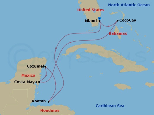 Route map: Miami, Florida → Roatan, Honduras → Cozumel, Mexico → Puerto Costa Maya, Mexico → Perfect Day Cococay, Bahamas → Miami, Florida