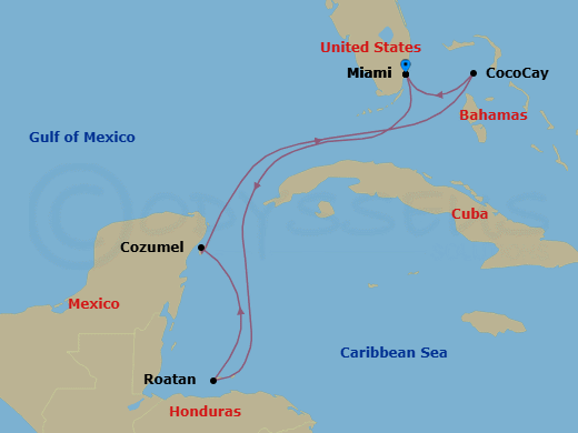 Route map: Miami, Florida → Roatan, Honduras → Cozumel, Mexico → Perfect Day Cococay, Bahamas → Miami, Florida