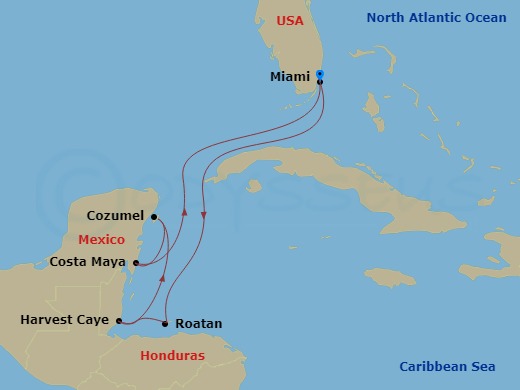Route map: Miami, Fl → Roatan  Bay Islands, Honduras → Harvest Caye, Belize → Cozumel, Mexico → Costa Maya, Mexico → Miami, Fl
