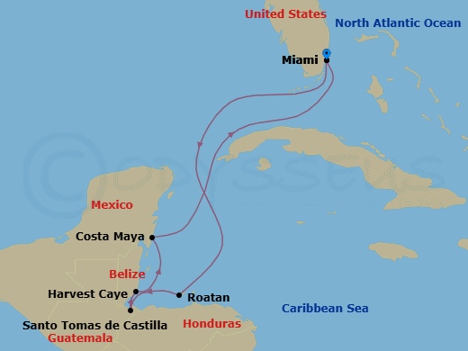 Route map: Miami → Roatan → Santo Tomas De Castilla → Harvest Caye → Costa Maya → Miami