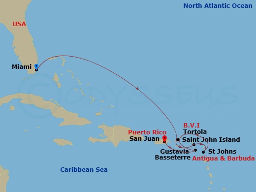 Route map: Miami → Saint John/Cruz Bay → Gustavia → St. John's (Antigua) → Tortola/Road Town → Basseterre → San Juan