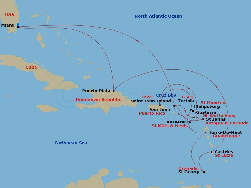 Route map: Miami → Saint John/Cruz Bay → Gustavia → St. John's (Antigua) → Tortola/Road Town → Basseterre → San Juan → St. Maarten/Philipsburg → Terre-De-Haut → St. George's (Grenada)