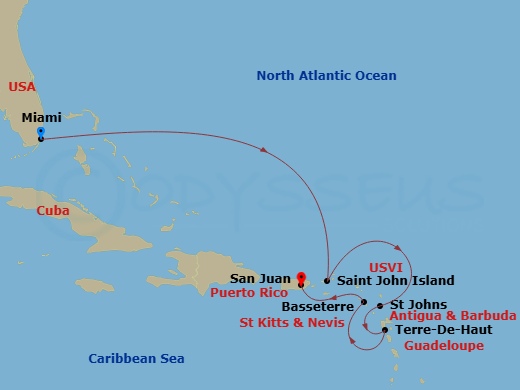 Route map: Miami → Saint John/Cruz Bay → St. John's (Antigua) → Terre-De-Haut → Basseterre → San Juan