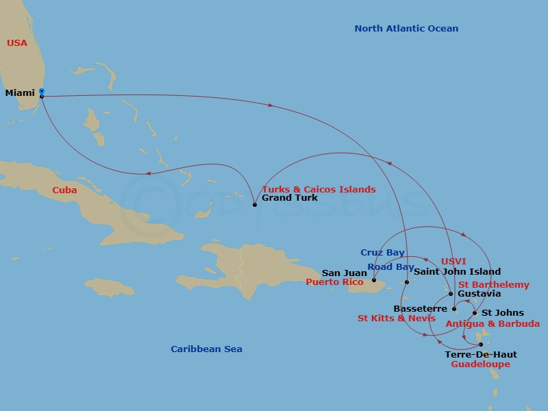 Route map: Miami → Saint John/Cruz Bay → St. John's (Antigua) → Terre-De-Haut → Gustavia → San Juan → Road Bay → St. John's (Antigua) → Basseterre → Grand Turk