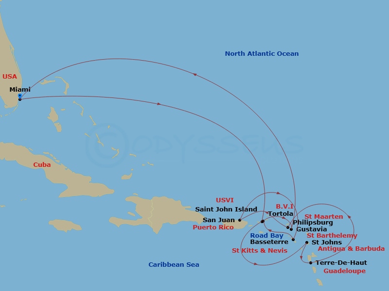 Route map: Miami → Saint John/Cruz Bay → St. John's (Antigua) → Terre-De-Haut → St. Maarten/Philipsburg → San Juan → Basseterre → Tortola/Road Town → Gustavia → Road Bay