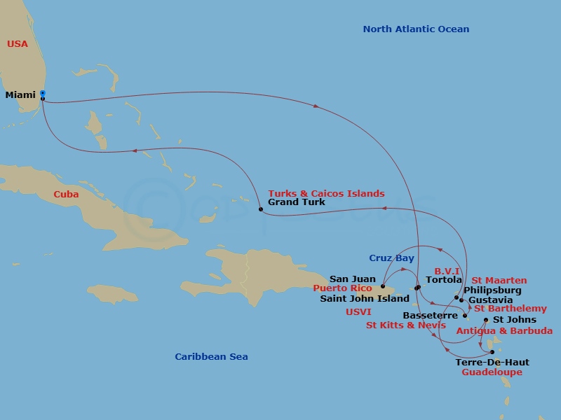 Route map: Miami → Saint John/Cruz Bay → St. John's (Antigua) → Terre-De-Haut → St. Maarten/Philipsburg → San Juan → Tortola/Road Town → Basseterre → Gustavia → Grand Turk