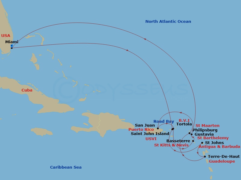 Route map: Miami → Saint John/Cruz Bay → St. John's (Antigua) → Terre-De-Haut → St. Maarten/Philipsburg → San Juan → Tortola/Road Town → Basseterre → Gustavia → Road Bay