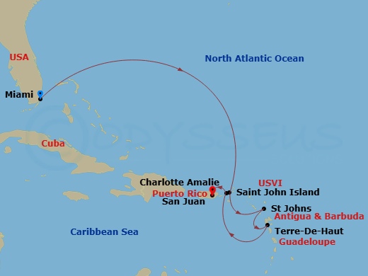 Route map: Miami → Saint John/Cruz Bay → St. John's (Antigua) → Terre-De-Haut → Charlotte Amalie (Saint Thomas) → San Juan