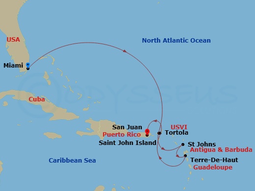Route map: Miami → Saint John/Cruz Bay → St. John's (Antigua) → Terre-De-Haut → Tortola/Road Town → San Juan