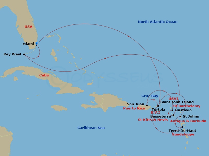 Route map: Miami → Saint John/Cruz Bay → St. John's (Antigua) → Terre-De-Haut → Tortola/Road Town → San Juan → Gustavia → Little Bay → Basseterre → Key West
