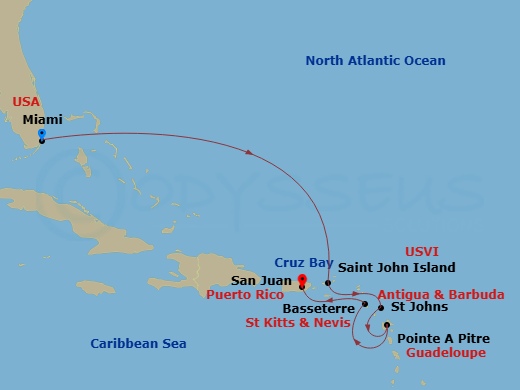 Route map: Miami → Saint John/Cruz Bay → St. John's (Antigua) → Pointe-A-Pitre → Basseterre → San Juan