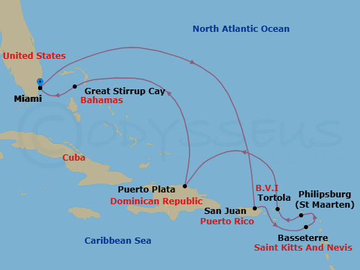 Route map: Miami → San Juan → Basseterre → Philipsburg → Tortola → Puerto Plata → Great Stirrup Cay → Miami