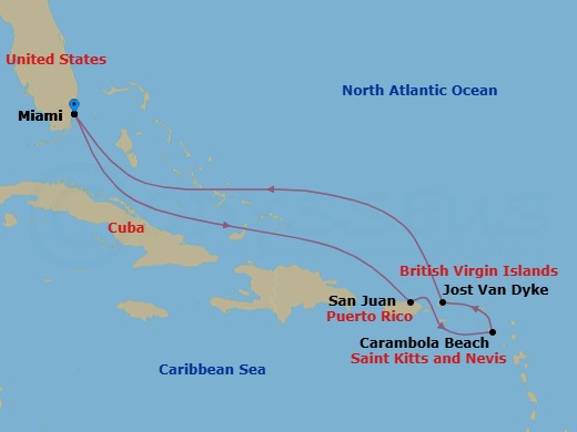 Route map: Miami, Florida, US → San Juan, Puerto Rico → Carambola Beach, Saint Kitts and Nevis → Great Harbour, Jost van Dyke, British Virgin Islands → Miami, Florida, US
