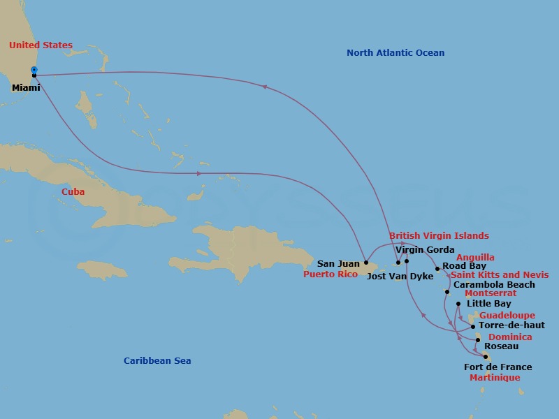 Route map: Miami, Florida, US → San Juan, Puerto Rico → Road Bay, Anguilla → Carambola Beach, Saint Kitts and Nevis → Roseau, Dominica → Fort-De-France, Martinique → Little Bay, Montserrat → Terre-de-Haut, Iles des Saintes, Guadeloupe → Spanish Town, Virgin Gorda, British Virgin Islands → Great Harbour, Jost van Dyke, British Virgin Islands