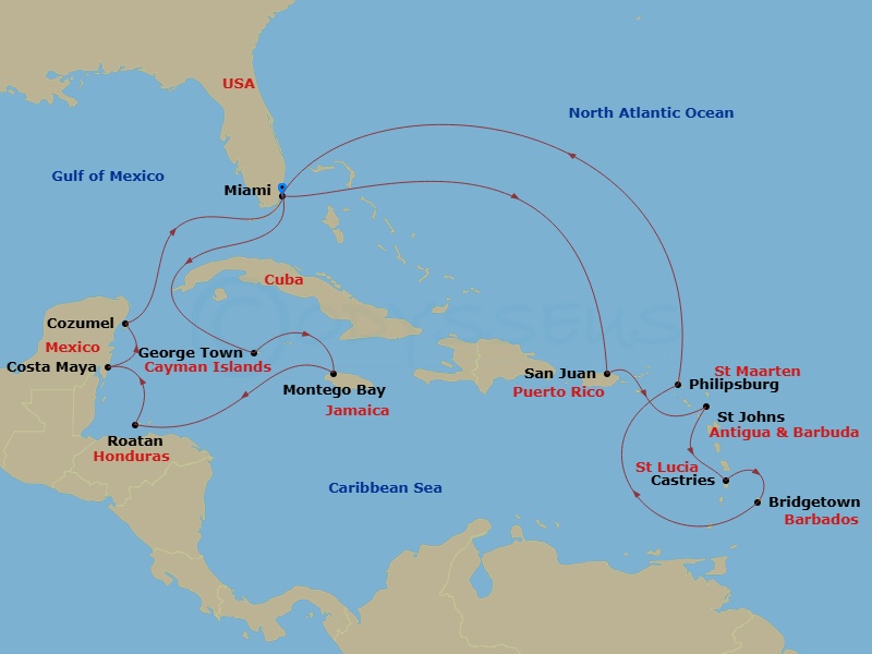 Route map: Miami, FL, USA → San Juan, Puerto Rico → St John's, Antigua → Castries, St Lucia → Bridgetown, Barbados → Philipsburg, St Maarten → Miami, FL, USA → Grand Cayman, Cayman Islands → Montego Bay, Jamaica → Roatan, Honduras