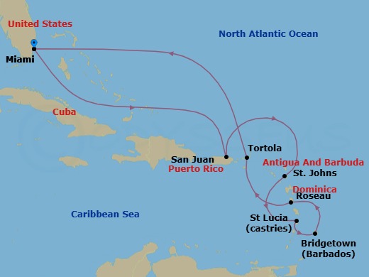 Route map: Miami → San Juan → St. John's → Castries → Bridgetown → Roseau → Tortola → Miami