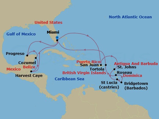 Route map: Miami → San Juan → St Johns → Castries → Bridgetown → Roseau → Tortola → Miami → Progreso → Cozumel