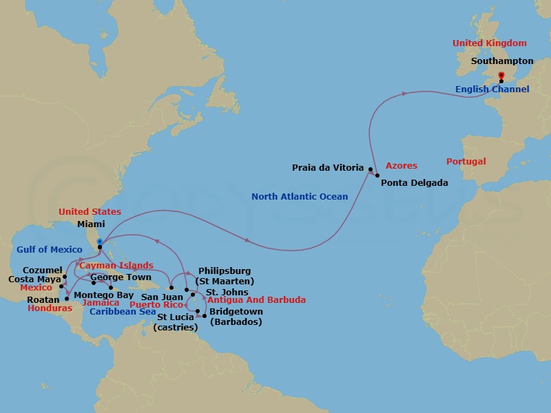 Route map: Miami, FL, USA → San Juan, Puerto Rico → St John's, Antigua → Castries, St Lucia → Bridgetown, Barbados → Philipsburg, St Maarten → Miami, FL, USA → Grand Cayman, Cayman Islands → Montego Bay, Jamaica → Roatan, Honduras