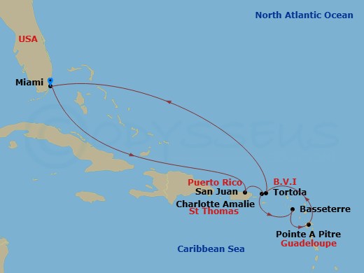 Route map: Miami → San Juan → Charlotte Amalie → Basseterre → Pointe A Pitre → Tortola → Miami