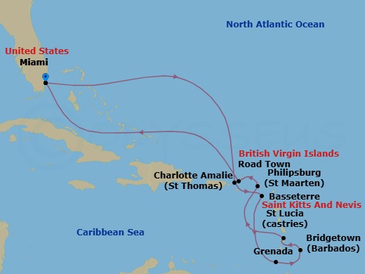 Route map: Miami, FL, USA → St Thomas, Virgin Islands, U.S → Basseterre, St Kitts → Grenada → Bridgetown, Barbados → Castries, St Lucia → Philipsburg, St Maarten → Road Town, Tortola → Miami, FL, USA