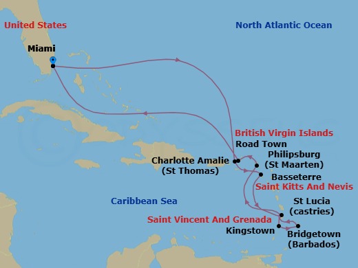 Route map: Miami, FL, USA → St Thomas, Virgin Islands, U.S → Basseterre, St Kitts → Kingstown, St Vincent → Bridgetown, Barbados → Castries, St Lucia → Philipsburg, St Maarten → Road Town, Tortola → Miami, FL, USA