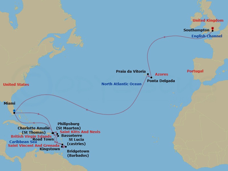 Route map: Miami, FL, USA → St Thomas, Virgin Islands, U.S → Basseterre, St Kitts → Kingstown, St Vincent → Bridgetown, Barbados → Castries, St Lucia → Philipsburg, St Maarten → Road Town, Tortola → Miami, FL, USA → Praia da Vitoria, Azores,     Portugal