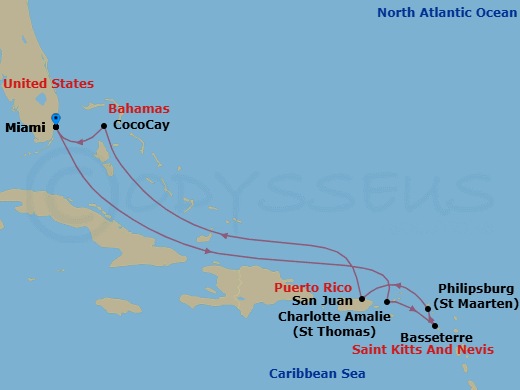 Route map: Miami, Florida → Charlotte Amalie, St. Thomas → Basseterre, St Kitts & Nevis → Philipsburg, St. Maarten → San Juan, Puerto Rico → Perfect Day Cococay, Bahamas → Miami, Florida