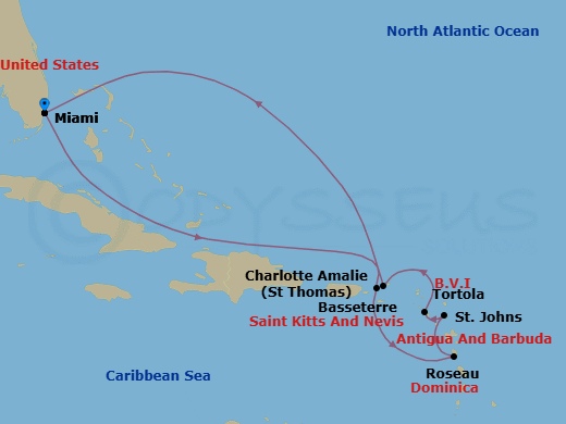 Route map: Miami → Charlotte Amalie → Roseau → St. John's → Basseterre → Tortola → Miami