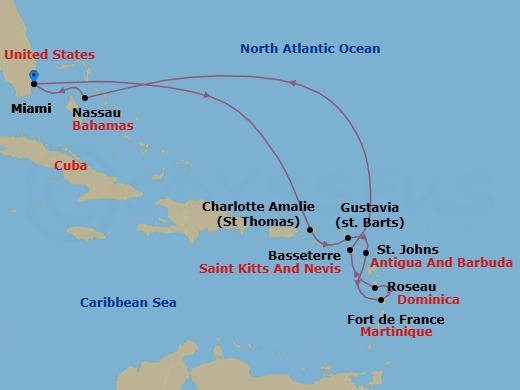 Route map: Miami → Charlotte Amalie → Gustavia → St. John's → Fort-De-France → Roseau → Basseterre → Nassau → Miami