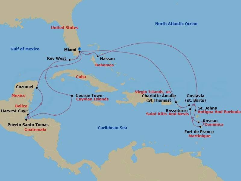 Route map: Miami → Charlotte Amalie → Gustavia → St Johns → Fort-De-France → Roseau → Basseterre → Nassau → Miami → Key West