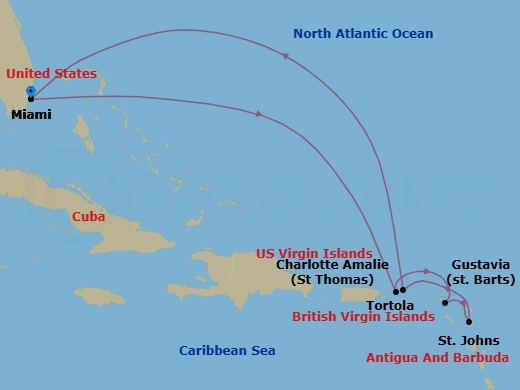 Route map: Miami → Charlotte Amalie → Gustavia → St. John's → Tortola → Miami