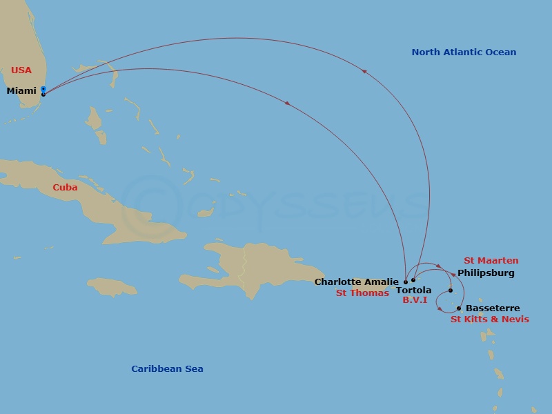 Route map: Miami → Charlotte Amalie → Philipsburg → Basseterre → Tortola → Miami